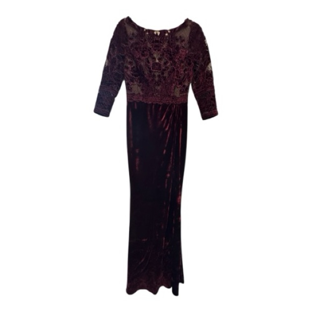 NWT Marchesa Notte Burgundy Velvet Formal Dress w/ Floral Embroidered Bust 0